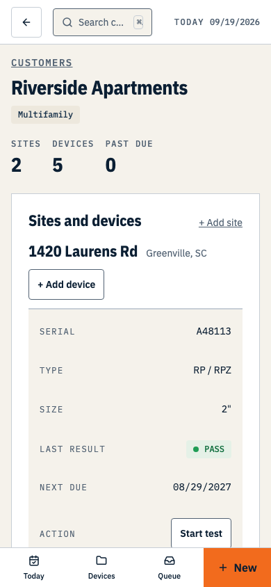 A customer record with two sites and their assemblies, reached by three saves in a row. Shown on a phone.