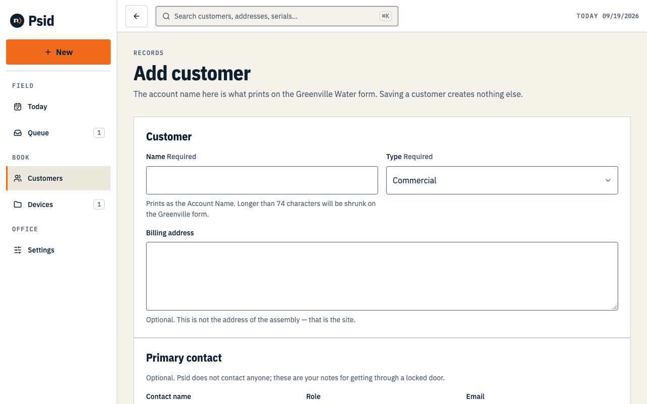 The Add customer form, with Name and Type marked required and an optional primary contact below.