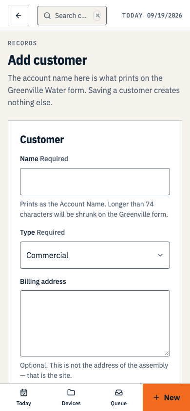 The Add customer form, with Name and Type marked required and an optional primary contact below. Shown on a phone.