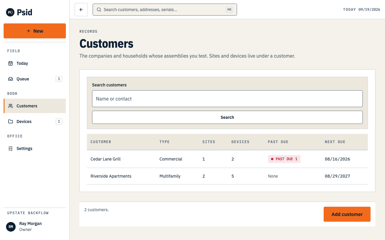 The customers list, with a search box, one row per customer and an Add customer button.