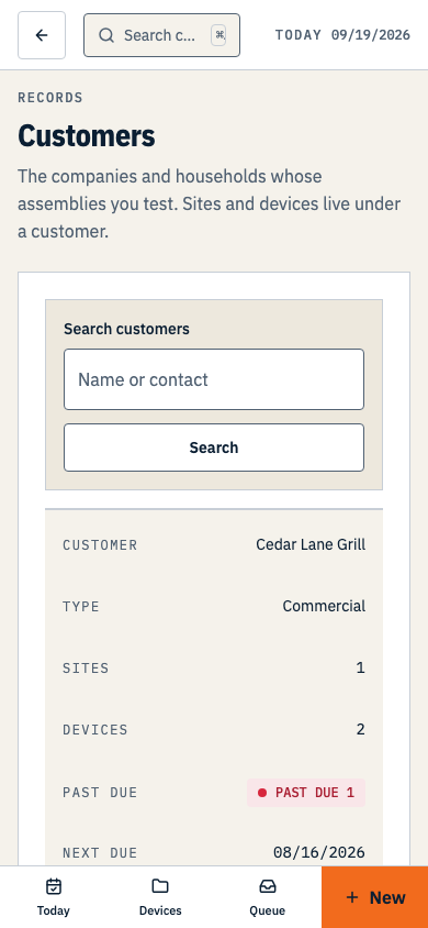 The customers list, with a search box, one row per customer and an Add customer button. Shown on a phone.