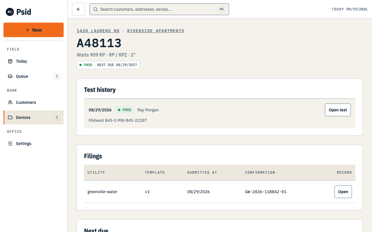 A device record showing its serial as the heading, the test history, filings, the next-due panel and a Start test button.