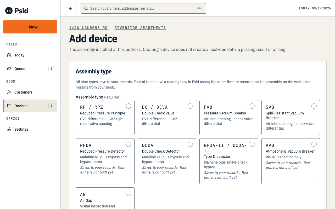 The Add device form, with the nine assembly-type tiles at the top and the details fields below.