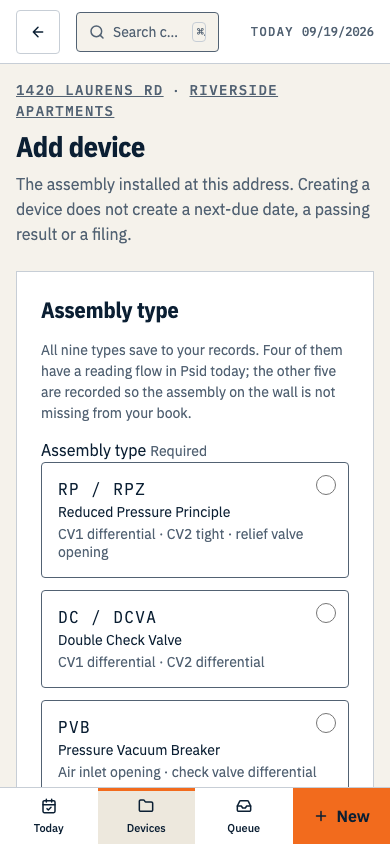 The Add device form, with the nine assembly-type tiles at the top and the details fields below. Shown on a phone.