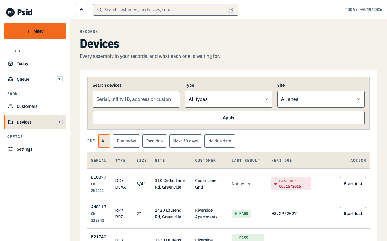 The devices list filtered by type and site, each row showing the serial, address, customer, next-due date and a Start test button.