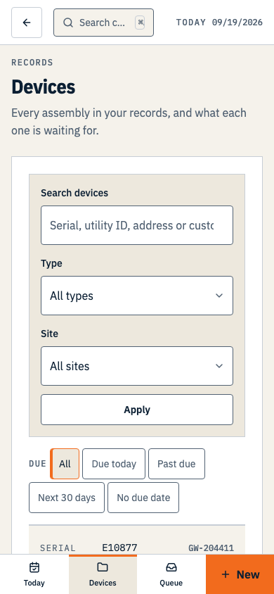 The devices list filtered by type and site, each row showing the serial, address, customer, next-due date and a Start test button. Shown on a phone.