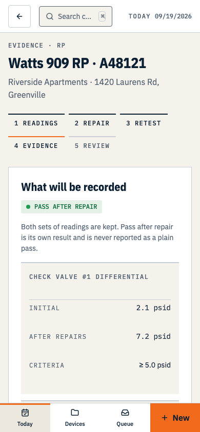 The remarks screen showing the readings table with its criteria, a remarks box and a typed signature line above Complete test. Shown on a phone.