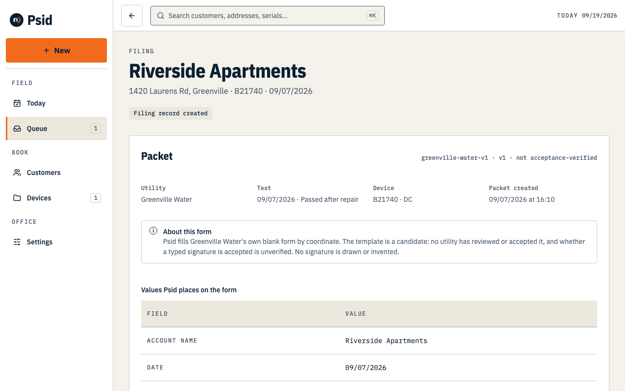 A filing record with the rendered form, a Copy to the portal panel of individual copy buttons, and an empty Record the submission form.