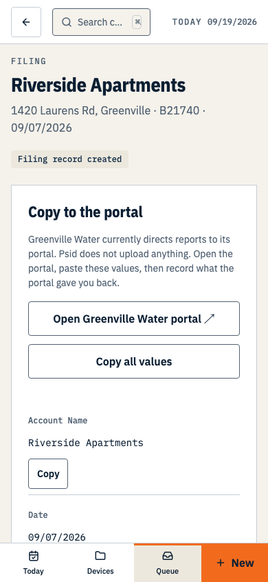 A filing record with the rendered form, a Copy to the portal panel of individual copy buttons, and an empty Record the submission form. Shown on a phone.