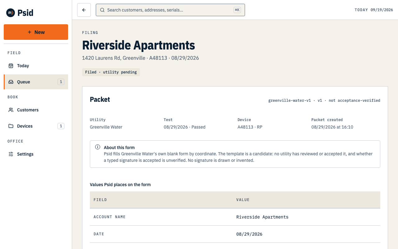 A filing record showing the confirmation number, the submitted time, and a chip reading Filed · utility pending.