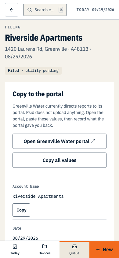 A filing record showing the confirmation number, the submitted time, and a chip reading Filed · utility pending. Shown on a phone.