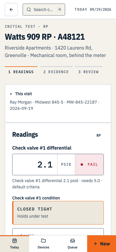 The readings screen with check valve #1 at 2.1 psid showing a FAIL chip against a 5.0 psid threshold. Shown on a phone.
