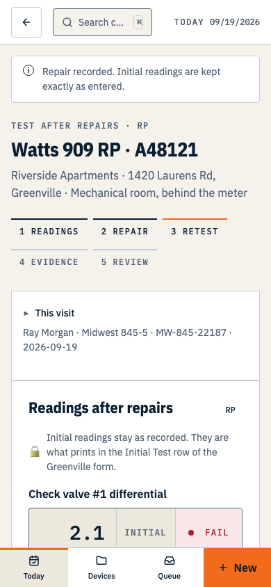 The retest readings screen showing the locked initial column beside the new after-repairs readings. Shown on a phone.
