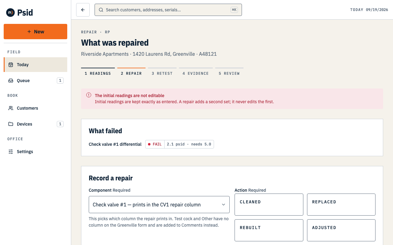 The repair screen listing what failed, with a form to record the component, the action taken, parts used and notes.