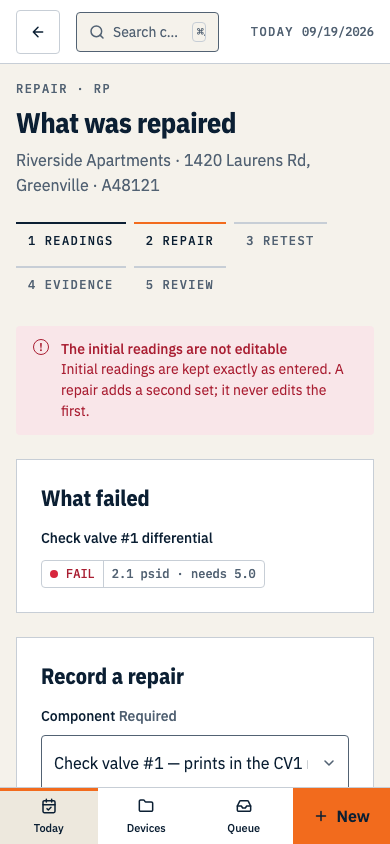 The repair screen listing what failed, with a form to record the component, the action taken, parts used and notes. Shown on a phone.