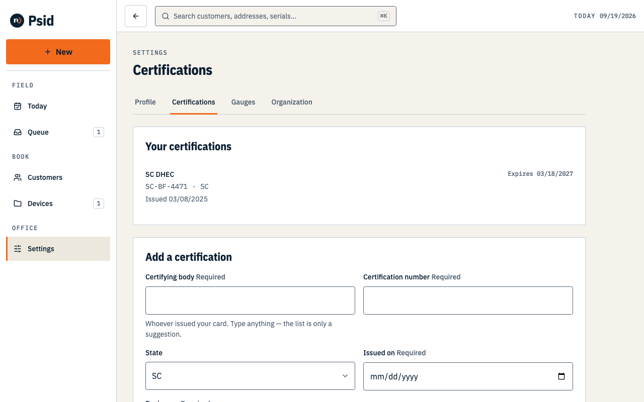 Settings, Certifications — the certifications on file with their expiry dates, above a form for adding another.