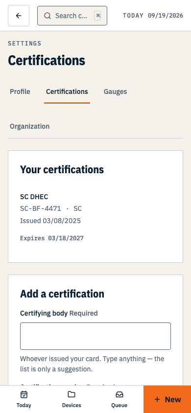 Settings, Certifications — the certifications on file with their expiry dates, above a form for adding another. Shown on a phone.