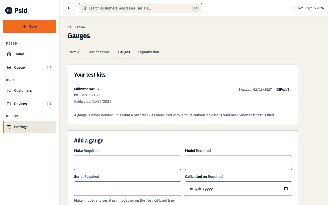 Settings, Gauges — the gauges on file with their calibration dates, above a form for adding another.