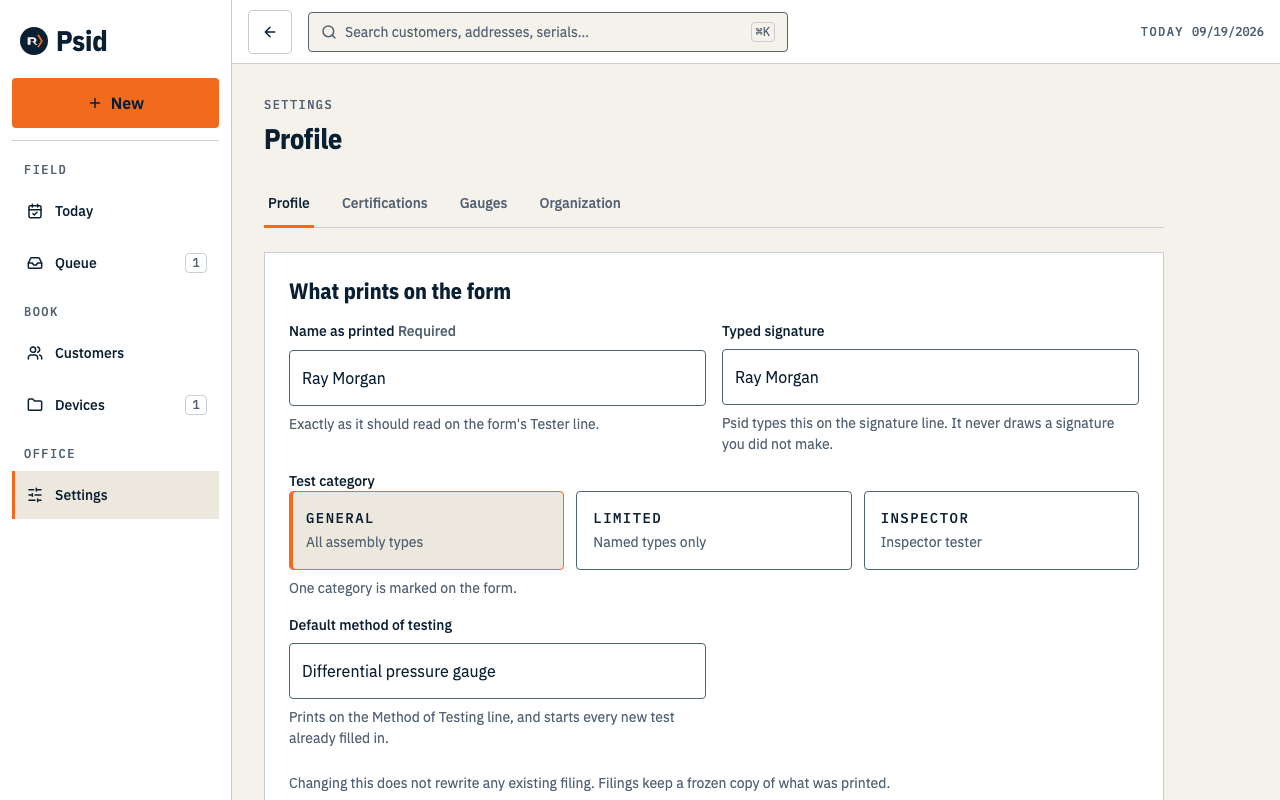 Settings, Profile — name as printed, typed signature, test category and default method of testing.