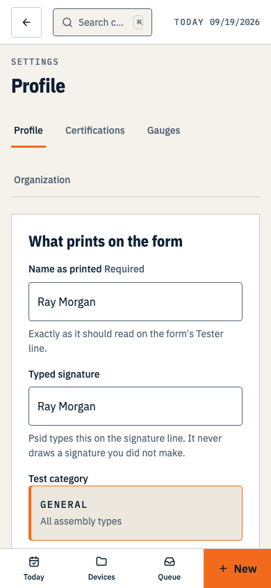 Settings, Profile — name as printed, typed signature, test category and default method of testing. Shown on a phone.