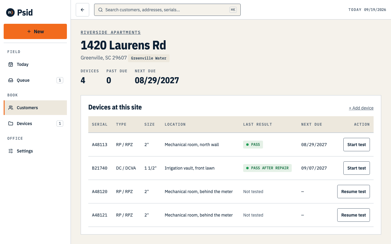 A site record with the access panel, showing the gate code masked behind a reveal control.