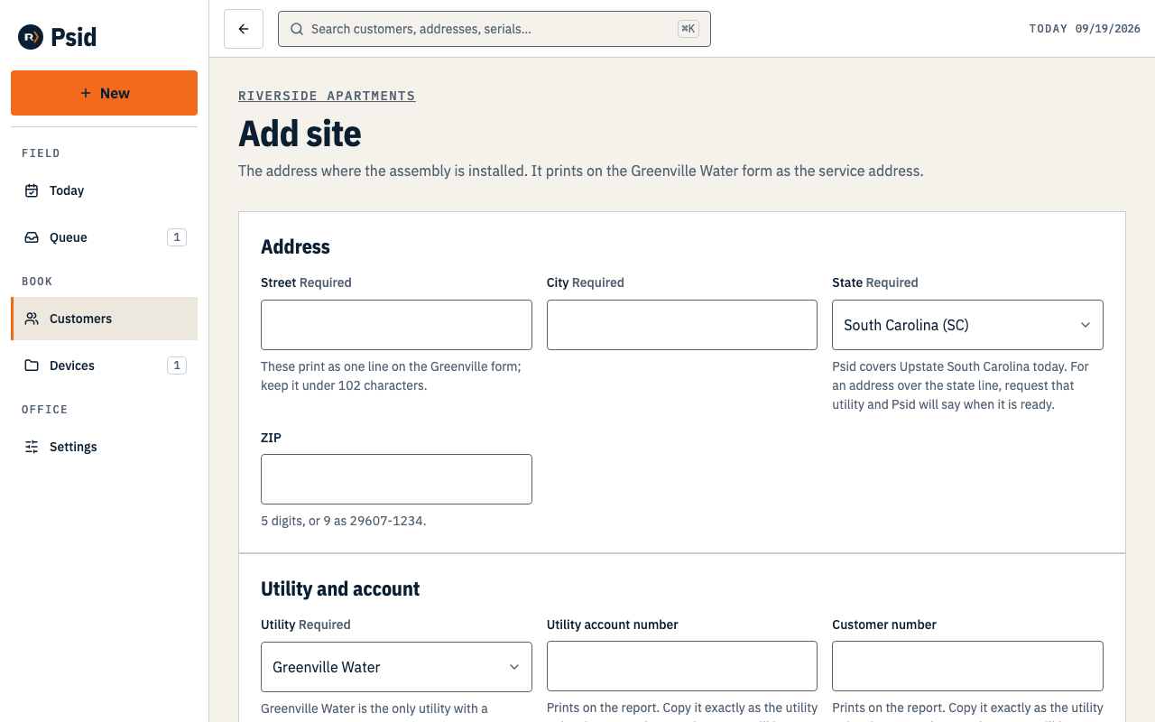 The utility select on the Add site form, with a line under it about utilities that have no published template.