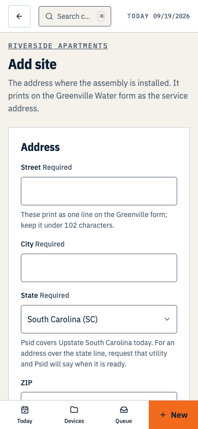 The utility select on the Add site form, with a line under it about utilities that have no published template. Shown on a phone.