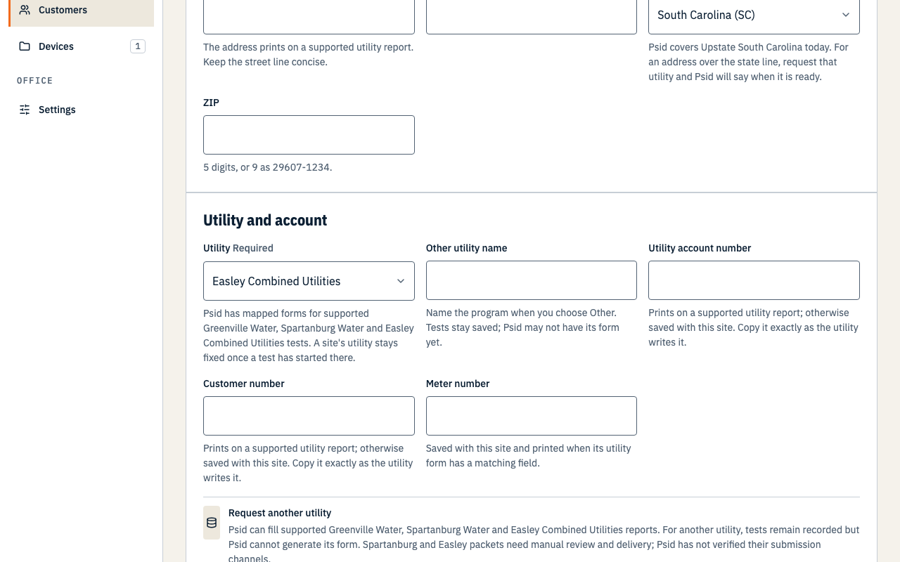 The Add site utility selector set to Easley Combined Utilities, beside the utility account and meter number fields.