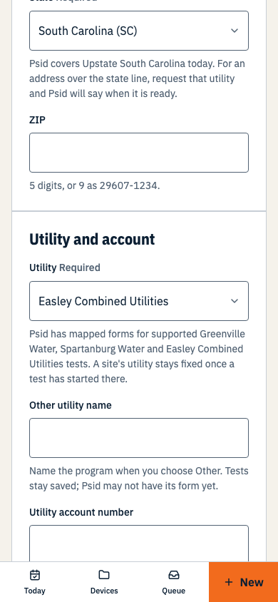 The Add site utility selector set to Easley Combined Utilities, beside the utility account and meter number fields. Shown on a phone.