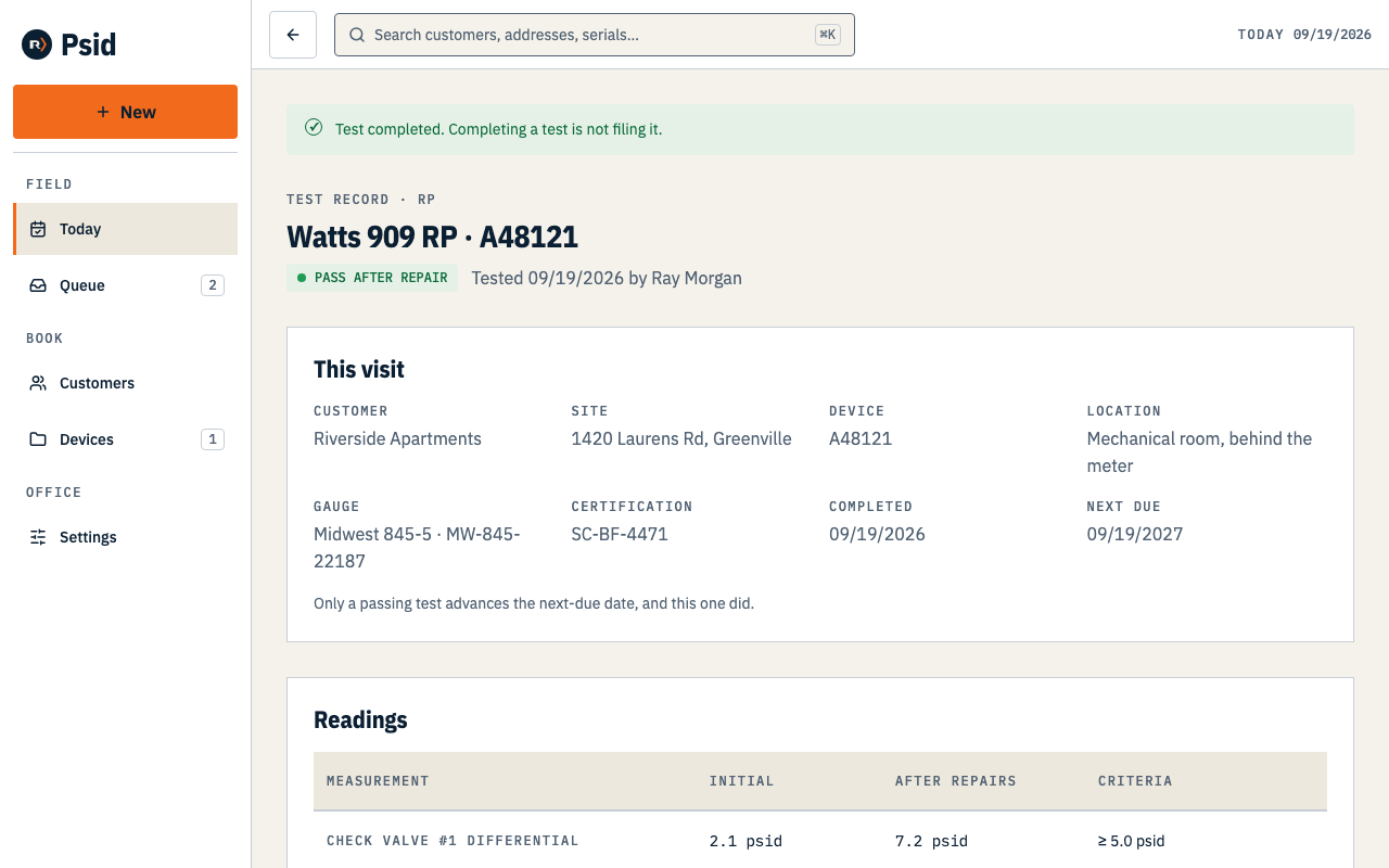 The completed test record with the rendered Greenville Water form in a preview frame and a Download PDF button.