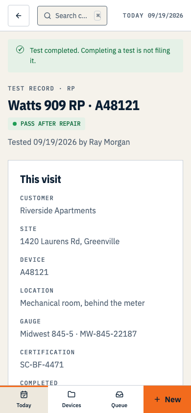 The completed test record with the rendered Greenville Water form in a preview frame and a Download PDF button. Shown on a phone.