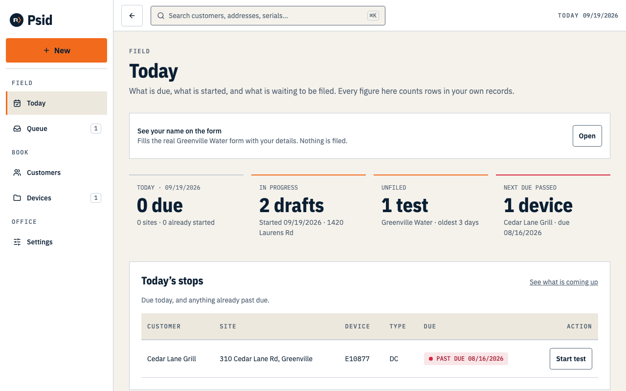 The Today screen with four tiles — due today, in progress, unfiled and past due — above the day's stops.
