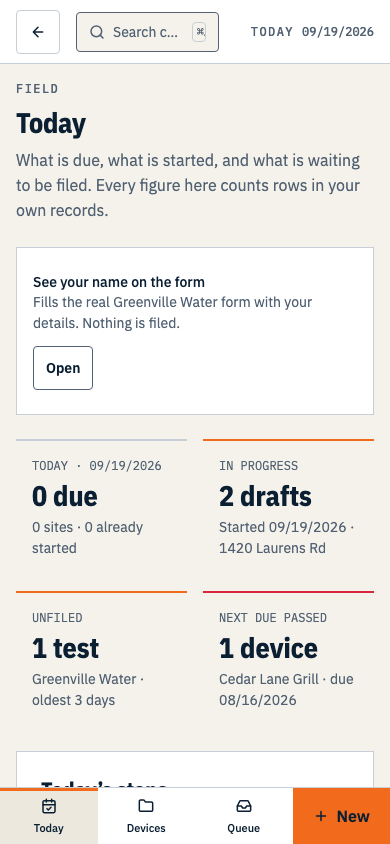 The Today screen with four tiles — due today, in progress, unfiled and past due — above the day's stops. Shown on a phone.